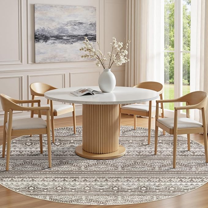 Tortania 8' Round Area Rug Living Room Rugs - Washable Large Soft Neutral Boho Moroccan Bohemian Farmhouse Rug Indoor Floor Carpet for Bedroom Under Dining Table Home Office Decor - Dark Brown