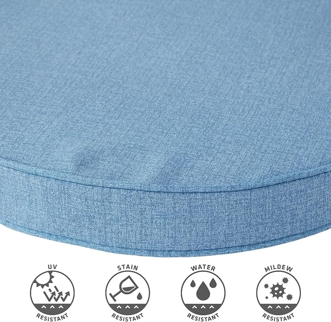 Set of 2 Outdoor 18 inch Round Patio Dining Chair Pads – Comfortable Fiber-Filled Seat Cushions with Ties, Reversible Polyester Fabric, Denim