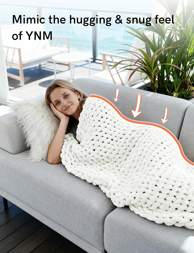 YnM Chunky Throw Blanket, Medium-Weight, Hand Knitted with Chenielle Yarn, Skin Friendly, Ventilated and Breathable, Machine Washable, Home Décor Piece for Couch, Sofa and Bed (White, 60x80 Inch)