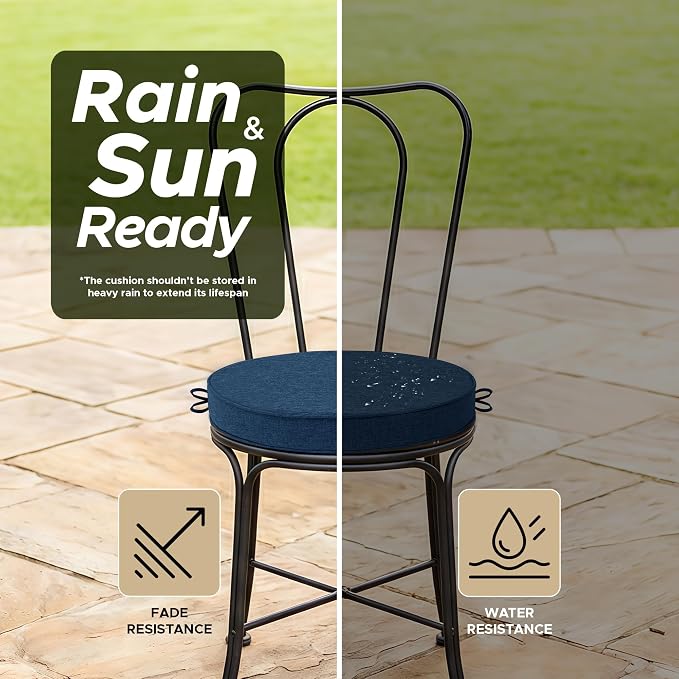 Outdoor Round Chair Cushions 15 Inch, Fade-Resistant & Water-Resistant, Bistro Chair Seat Pads for Porch Garden Balcony Patio Furniture Stools, Non-Slip Bottom, Set of 4, Navy Blue