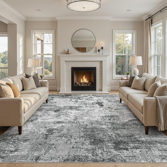 UERMEI 10x14 Area Rug for Living Room - Washable Neutral Modern Abstract Carpet, Non-Slip Soft Large Indoor Floor Rugs for Bedroom Home Office & Under Dining Table Decor, Grey Black