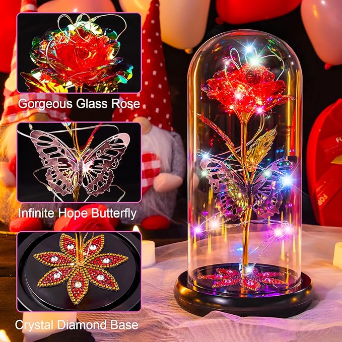 Mothers Day Flowers Gifts for Mom Women Birthday Gift, Galaxy Glass Rose Forever Eternal Crystal Flowers Rose in Glass Dome with Butterfly Mother's Day Roses Gifts for Mom Daughter Wife Grandma Red