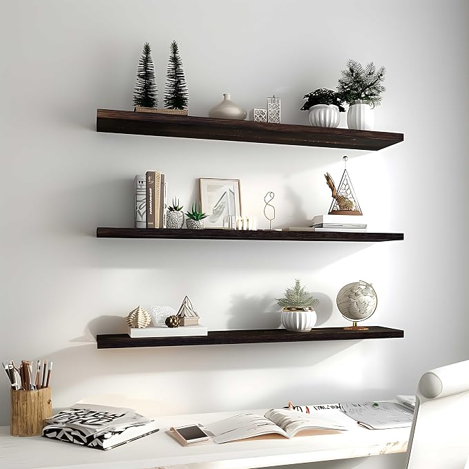 YYWUOJJ Wood Floating Shelves for Wall Decor, Rustic Wall Shelves for Bedroom Bathroom Kitchen Living Room, Set of 4 Walnut 36 Inch
