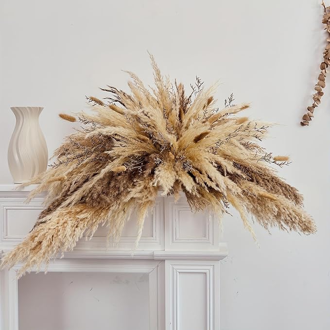 DIY Natural Dried Flower Wall Hanging, Pampas Grass Decor,35-Inch Boho Pampas Grass, Pink Bunny Tails, Palm Leaves, Wedding Arch Decor- Need to Assemble