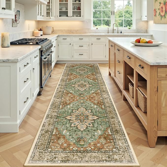 RELEANY Area Rugs 2'x7' Runner Rug Non Slip Washable for Kitchen Hallway Bedroom Beside Laundry Room Bathroom Rug, Floor Carpet, Brick Red Rust Neutral Brown Burnt Orange Green