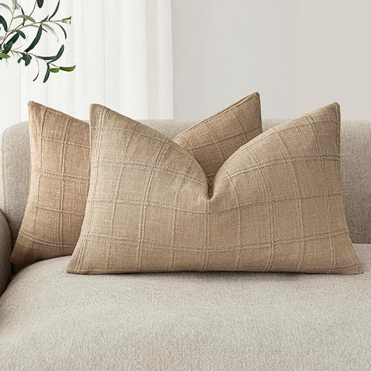Foindtower Set of 2 Decorative Linen Check Throw Pillow Covers Neutral Farmhouse Lumbar Cushion Covers Modern Coastal Boho Home Decor for Sofa Chair Couch Bedroom Living Room,12×20 Inch,Camel