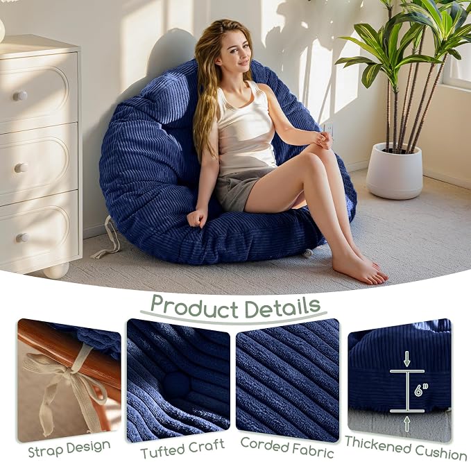 HIGOGOGO Papasan Chair Cushion with Corduroy Cover (Without Chair), 48 x 48 Inch Supportive Cushion, Overstuffed Chair Cushion,Dark Blue