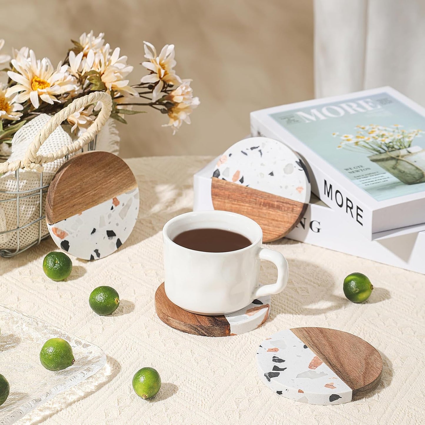 Drink Acacia Wood-Marble Coasters Set of 4,Cup Coaster for Coffee,Beverage,Cute Modern Cool Coasters for Home Decor,Table Desk Coaster Set for Housewarming,Living Room Decor (White-Wooden)