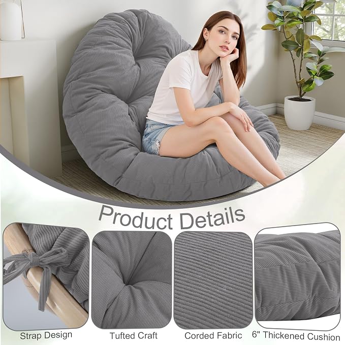 idee-home Papasan Chair Cushion, Circle Papasan Chair Cushion(Cushion Only) | Papasan Cushion with Thick Corduroy Cover, 48 x 48 Inch Cushion for Egg Chair, Light Grey