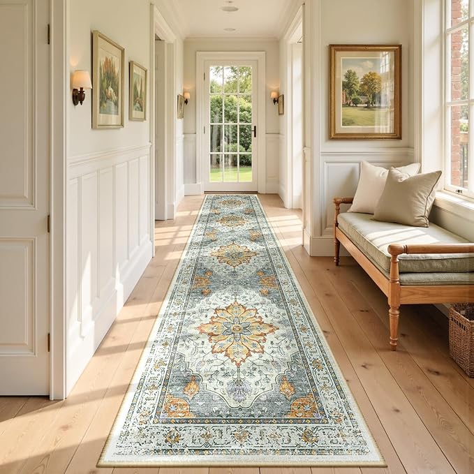 RELEANY Area Rugs 2'6''x14' Runner Rug Non Slip Washable for Kitchen Hallway Bedroom Beside Laundry Room Bathroom Rug, Floor Carpet, Light Yellow Carbon Grey Orange
