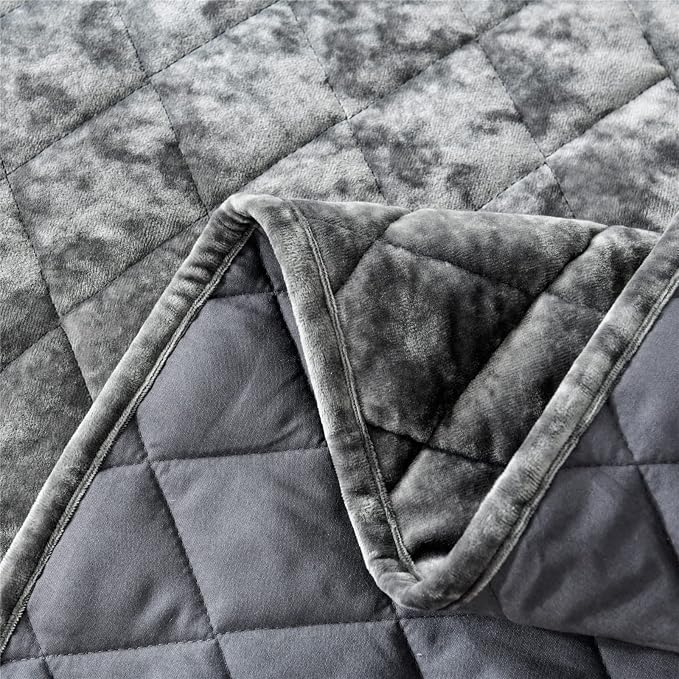 Fredsure Distressed Velvet Quilt Set, 3 Pieces Grey Queen, Distressed Velvet Face and Brushed Microfiber Reverse, with Diamond Quilting