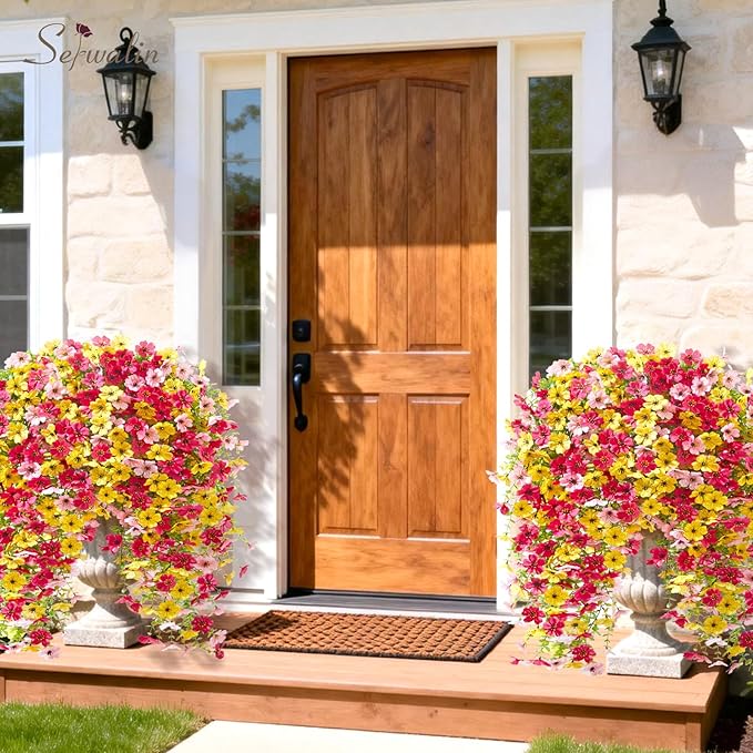 Serwalin 12PCS Artificial Hanging Flowers for Outdoors, UV Resistant Fake Hanging Plants, Realistic Weatherproof Outdoor Decor for Patio, Porch, Garden & Window (Yellow, Hot Pink & Pink,12PCS)