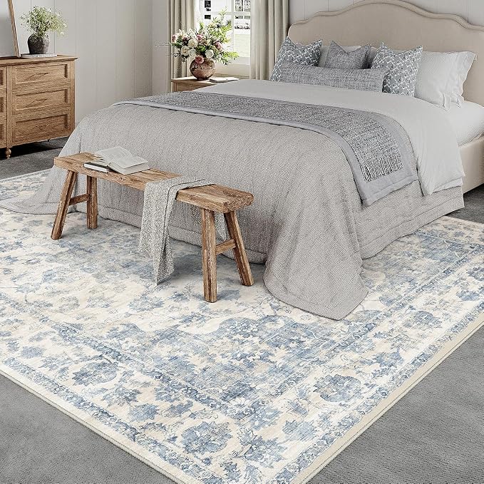 12x15 Neutral Area Rug Blue Vintage Living Room Bedroom Washable Carpet Non-Slip Soft Low Pile Farmhouse Indoor Extra Large Throw Rug for Dining Room Office