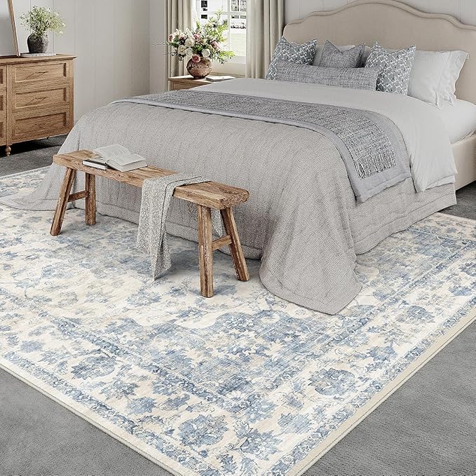 10x14 Neutral Area Rug Blue Vintage Living Room Bedroom Washable Carpet Non-Slip Soft Low Pile Farmhouse Indoor Large Throw Rug for Dining Room Office