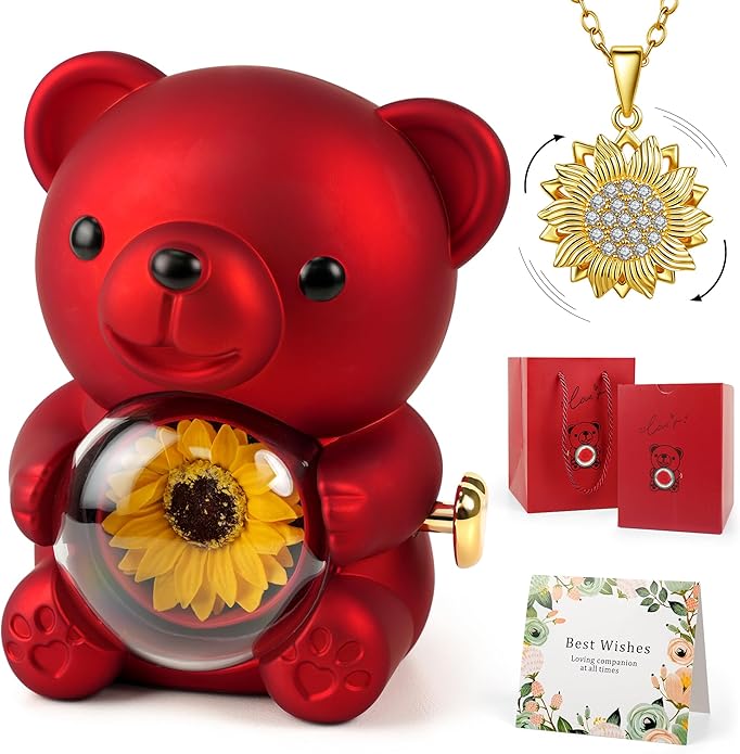 Trinckle Sunflower Necklaces for Women Mothers Day Gifts for Mom or Wife, Teddy Bear Gifts with Preserved Sunflower, Cute Sunflower Gift Box Anniversary Birthday Jewelry for Girlfriend Daughter