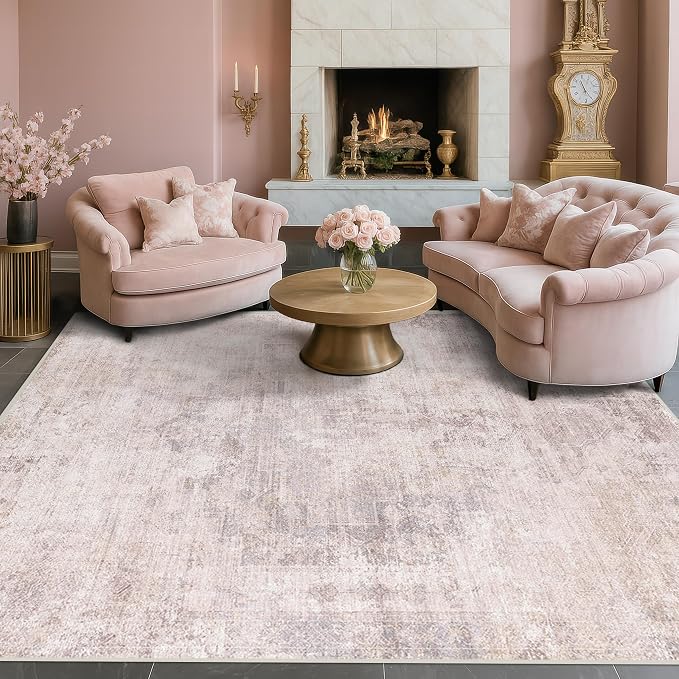 Hazo Haus Modern Washable Bedroom Area Rug 5x8, Abstract Rugs for Living Room, Dining Room, Kids Room Girls, Pink and Grey Distressed Medallion Pattern, Non Slip Low Pile Stain Resistent