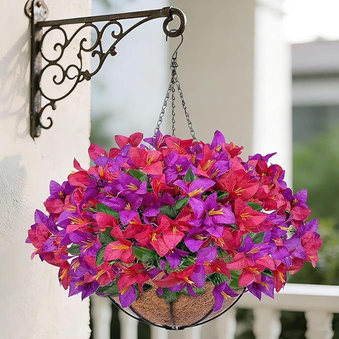 Artificial Fake Hanging Flowers Plants Basket for Outdoors, Faux Silk Bougainvillea in Planter UV Resistant Realistic Spring Summer Decoration for Outside Porch Patio Yard Home Decor (Purple Hotpink)