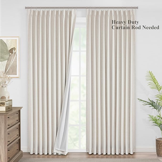 Vision Home Natural Pinch Pleated Full Blackout Curtains Linen Blended Room Darkening Window Curtains 112 inch for Living Room Bedroom Thermal Insulated Pinch Pleat Drapes with Hooks 60" Wx112 Lx1