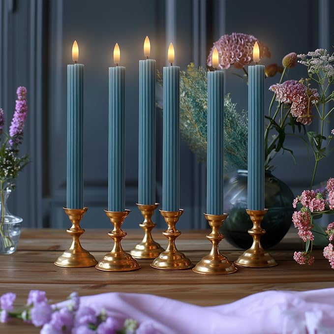 6 Pack, 10" LED Flameless Real Wax Blue Fluted Ribbed Grooved Taper Candles, Remote & 24h Timer Memory, On/Off Button, Dimmable, Flicker Mode, Battery Operated, Wedding