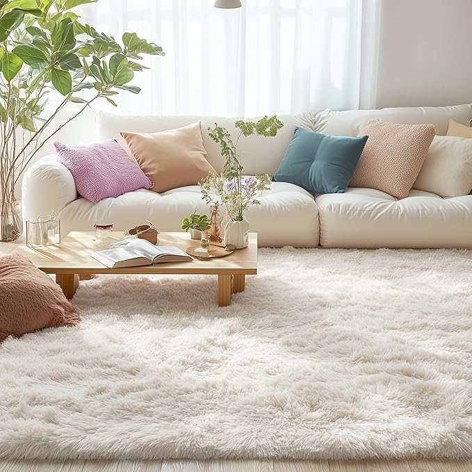 OLANLY 5x10 Machine Washable Large Area Rugs for Living Room, Bedroom, Soft Fluffy Shaggy Bedside Rug, Indoor Floor Carpet for Kids Girls and Boys, Dorms, Nursery, Home Decor Aesthetic, Ivory