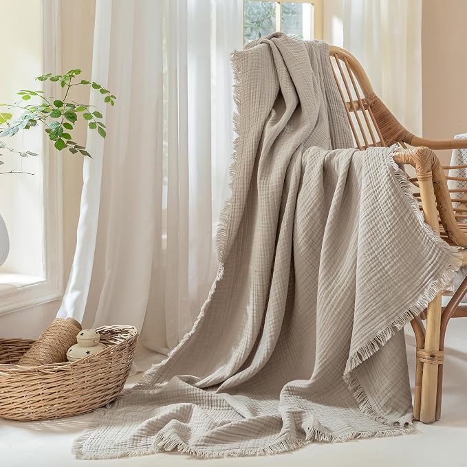 Muslin Fringe Blankets for Adults: 100% Cotton Cloud Soft | 4-Layer Gauze Breathable Lightweight All Season Throw Blanket for Bed Couch Sofa Office