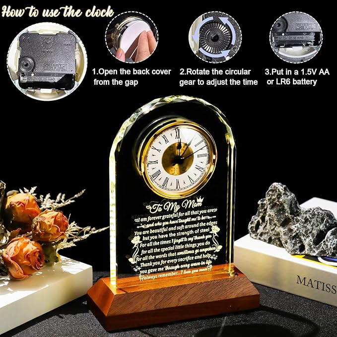 Arikyrist Glass Clock Gifts for Mom from Daughter Son with Wooden Light Base, Personalized Gift for Mom Who Has Everything on Birthday Mother's Day, Present for Mother on Christmas Home Desk Clock
