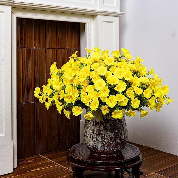 Nigirior Artificial Faux Flowers for Outdoor 16 Bundles Boxwood Fake Morning Glory for Planter,UV Resistant Fake Flowers for Home Porch Patio Outside（Yellow）