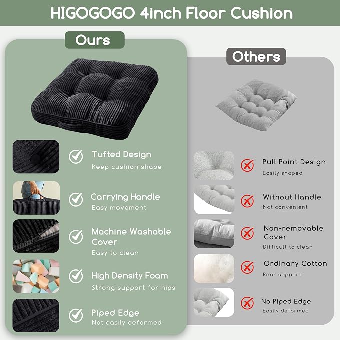 HIGOGOGO Floor Pillow Cushion for Adults, Meditation Cushion Pillow, Large Square Floor Sitting, Tufted Corduroy Cover, for Tatami Living Room or Yoga, 22x22 Inch, 2Pack, Black