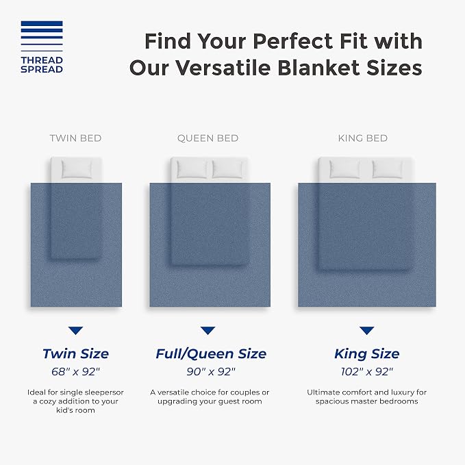 THREAD SPREAD Organic GOTS Cotton Blanket, Full/Queen - 350 GSM, Antistatic, Fuzzy Soft, Lightweight, Sofa, Camping & Travel, Perfect Herringbone All Seasons Throw, Medium Blue with Free Tote Bag