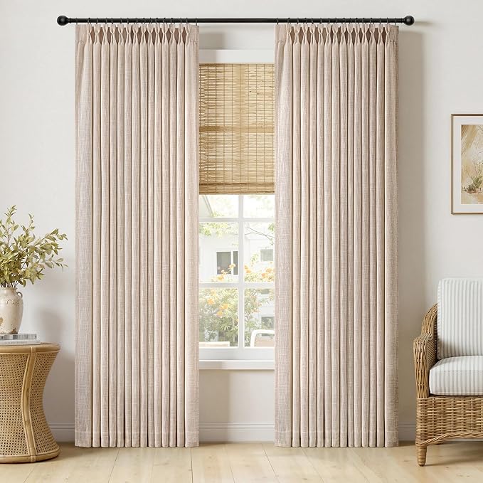 MIULEE Pinch Pleated Thick Linen Curtains 96 Inches Long 2 Panels for Living Room Bedroom, Memory Trained Pleat Drapes Light Filtering Sand Beige Semi Sheer Window Curtains Hooks Rings Back Tab