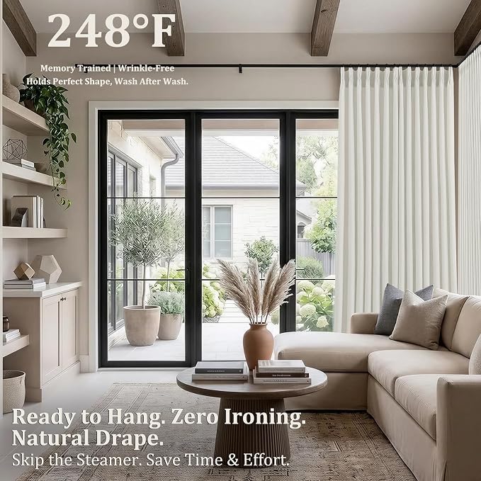 Pinch Pleated Linen Curtains 96 Inch, 2 Panels Premium 400GSM Memory Trained Semi Sheer Light Filtering Window Drapes for Living Room Bedroom Dining, Back Tab & Adjustable Hooks Rings , Natural White