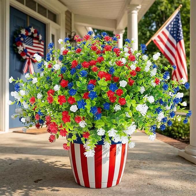 Hananona 48 Pcs Artificial Flowers Outdoor, Faux Artificial Plants UV Resistant Plastic PatrioticFlower for Hanging Planter Porch Window 4th of July Decor (48, Red, White, Blue)