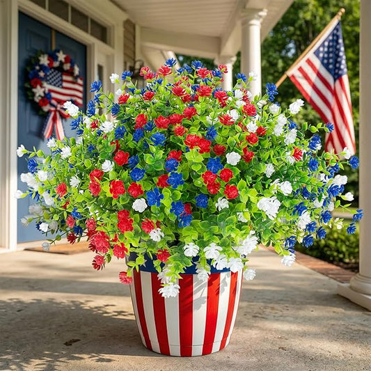 Hananona 48 Pcs Artificial Flowers Outdoor, Faux Artificial Plants UV Resistant Plastic PatrioticFlower for Hanging Planter Porch Window 4th of July Decor (48, Red, White, Blue)