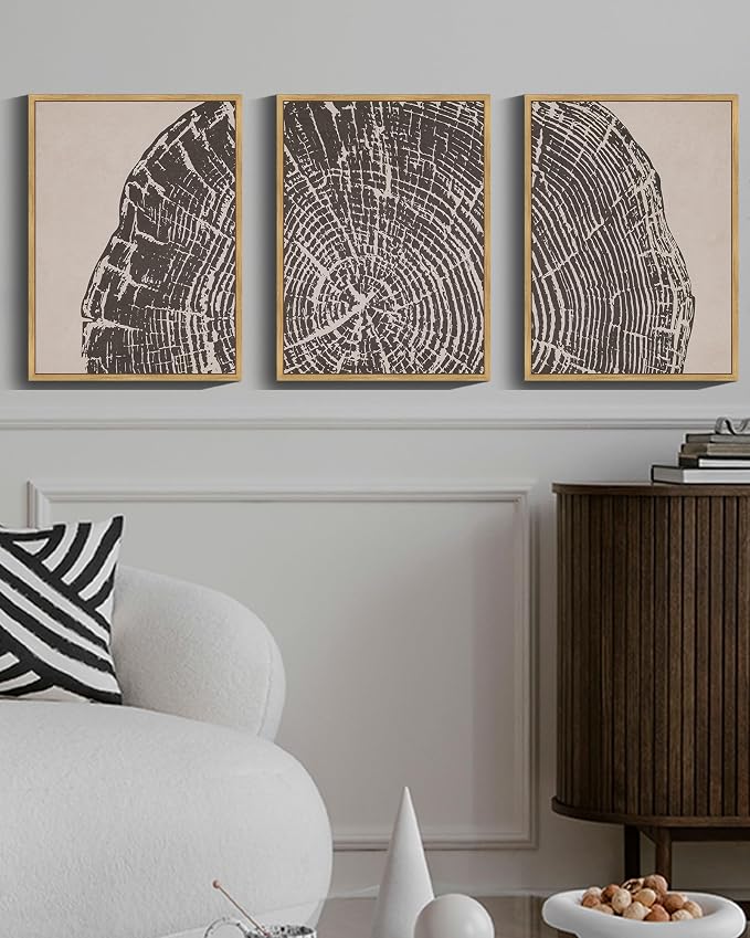 PHOPAGO Farmhouse Vintage Framed Wall Art Set Gray Wood Tree Ring Spirals Nature Abstract Drawings Rustic Modern Art Decor for Living Room Bedroom - 11x14in Natural Framed