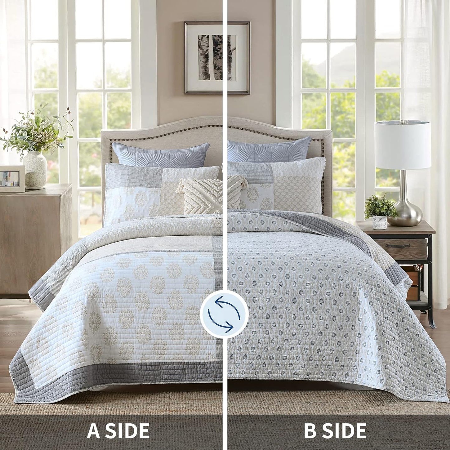 PANGUSHAN Quilt Set Queen Size, 100% Cotton Bedspread Quilt Bedding Set, Floral Patchwork Quilt Set for Queen Bed, Moonbeam Bed Spread, Lightweight Comforter Reversible Quilt, All Season, 3 Pieces