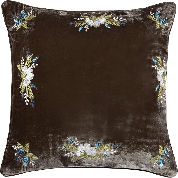 HiEnd Accents Stella Faux Silk Velvet Western Floral Embroidered Pillow, 22x22 inch, Green Ochre, Romantic Western Modern Traditional Style Luxury Bedding, Decorative Throw Pillow