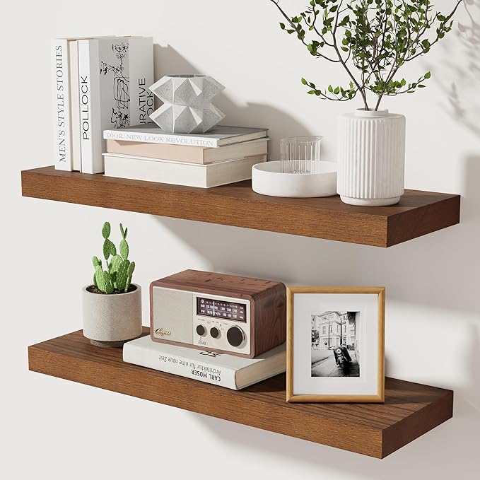 fuqing Wood Floating Shelves | 24 Inch Floating Shelves for Wall Set of 2 | 24" W x 6.7" D x 1.4" H Rustic Walnut Shelves for Bathroom Living Room Bedroom Kitchen