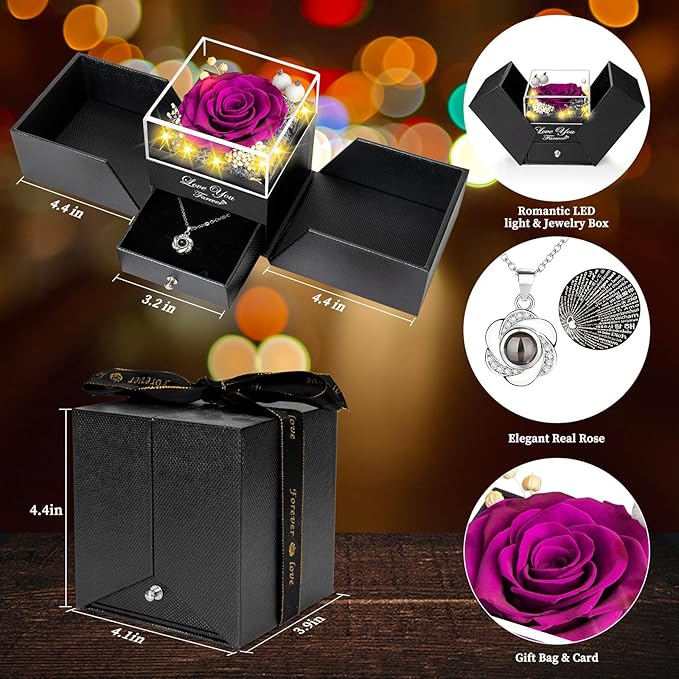 ENERLEAF Preserved Purple Real Rose-Eternal Flowers Rose Gifts for Mom Grandma Wife Girlfriend on Mothers Day Birthday Valentines Christmas Anniversary Romantic Gifts for Her with I Love You Necklace
