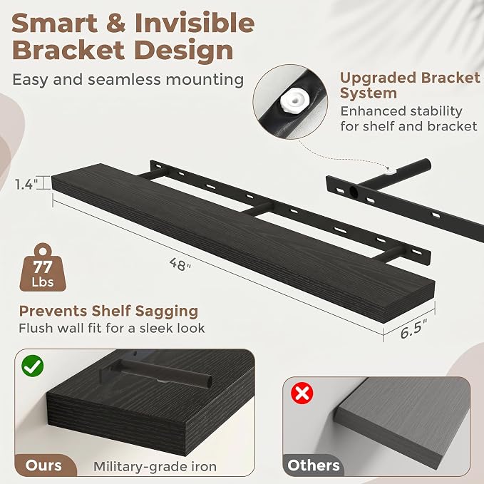 Venusmiles Floating Shelves for Wall, 48 Inch Floating Shelves Set of 2, 6.5" D Wooden Wall Mounted Display Shelves with Invisible Brackets for Living Room, Bedroom, Bathroom, Kitchen Decor, Black