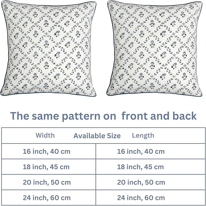 Ridhi Block Print Powder Blue Pillow Cover 20" x 20" (Pack of 2) Decorative Couch Pillows for Living Room, Chic Boho Cute Outdoor Pillows Covers Gifts for Spring, Easter and Valentine
