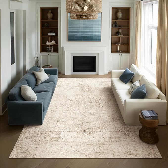 Machine Washable Rugs for Living Room: 10x14 Area Rugs for Bedroom Ultra Soft Non-Slip Low Pile Vintage Distress Boho Large Carpet for High-Traffic Dining Room - Farmhouse Decor