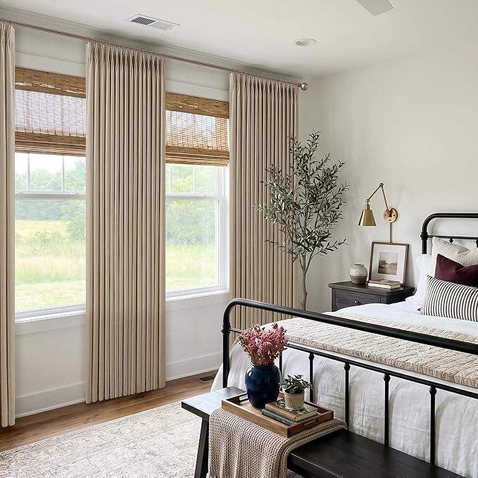 Pleated Thick Linen Curtains 96 Inches Length 2 Panels Camel Tan Semi-Sheer Privacy Back Tab Memory Training Drapes for Living Room Bedroom Grey Beige Light Filtering Flax Linen Window Curtain 50W