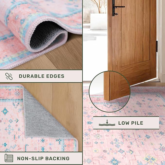 Hazo Haus Pink and Blue Washable 5x8 Living Room Rugs, Boho Aethestic Oushak Vintage Area Rug for Bedroom Girls Kids Playroom Nursery Room, Non-Slip Rubber Backing Stain Resistant