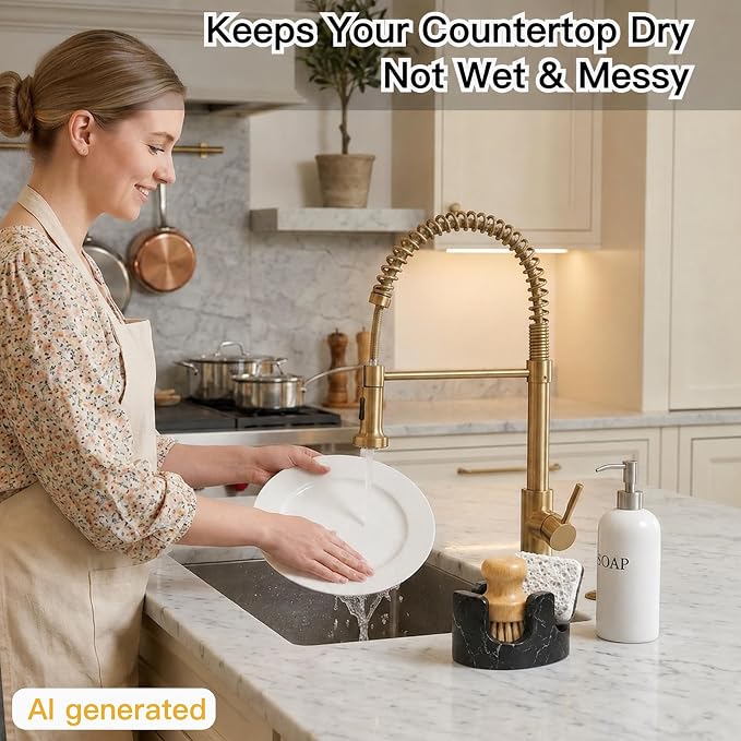 Black Marble Sponge Holder for Kitchen Sink, Dual Slot Stone Caddy, Nero Marquina | 2-in-1 Natural Marble Sponge & Brush Holder, Raised Edge Helps Catch Water, Keeps Countertop Dry, Luxury Kitchen Decor