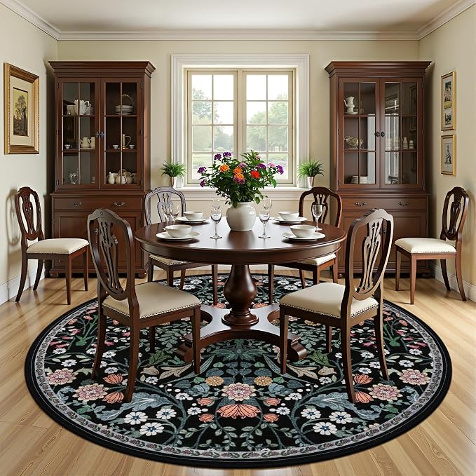 Round Area Rug for Living Room: 8 ft Floral Washable Circle Rug Soft Boho Non-Slip Carpet Indoor Floor Stain Resistant Low Pile Small Circular Rug for Bedroom Entryway Kitchen Nursery Dark Black