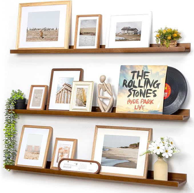 FLYJOE Picture Ledge Wall Shelves 48 Inches Width Set of 3, Solid Pine Wood Rustic Floating Ledge for Kids' Room Bedroom Kitchen Bathroom, Long Floating Shelves for Wall Decor, Walnut