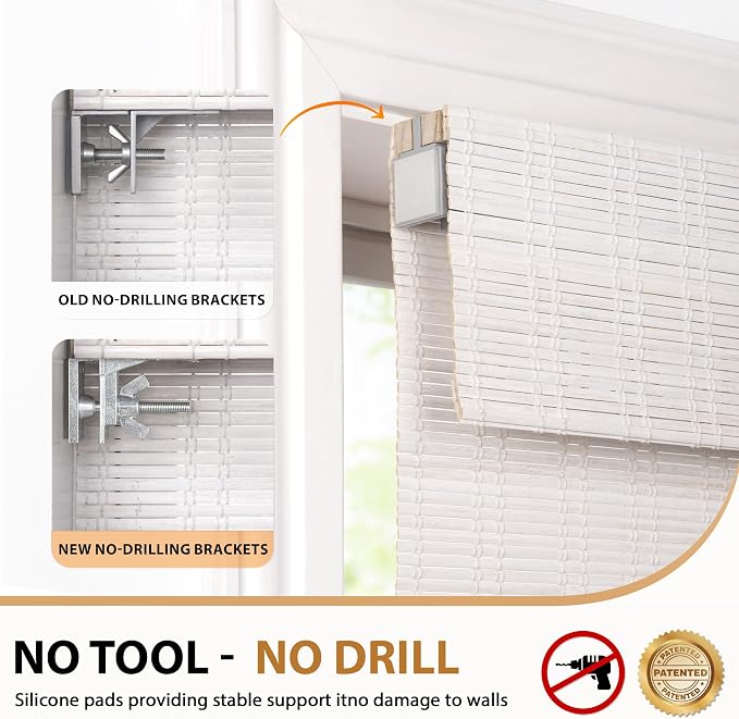 LazBlinds No Drill Bamboo Roman Shades, 26x64, Ceylon Vintage White | Light Filtering Window Treatment, No Tools Cordless Roll Up Bamboo Blinds for Window
