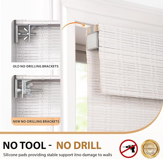 LazBlinds No Drill Bamboo Roman Shades, 28x64, Ceylon Vintage White | Light Filtering Window Treatment, No Tools Cordless Roll Up Bamboo Blinds for Window