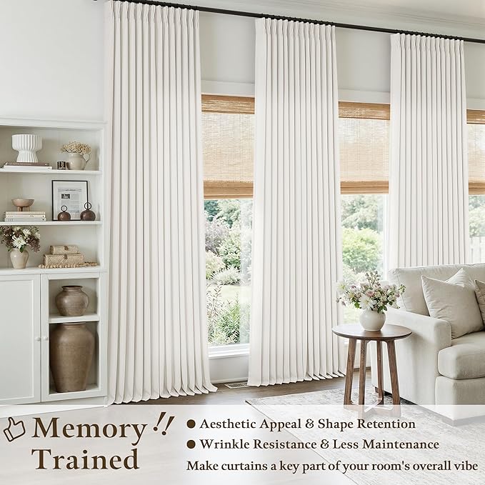Ivory White Pinch Pleat Linen Curtains 80 Inches Long for Living Room Back Tab Pinch Pleated Drape Hooks Rings Light Filtering Semi Sheer Cream White Bedroom Window Curtain 80 Length 2 Panels