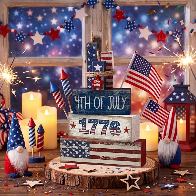 CroBlissful 4 Pcs 4th of July Decorations Patriotic Memorial Day Tabletop Decoration Red White Blue Table Centerpieces Sign for Office Tiered Tray Home Shelf 250th Anniversary(1776)